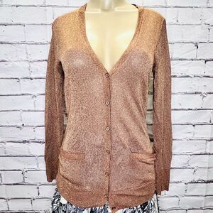 J. Crew Womens Bronze Metalized Fiber V-Neck Button Front Cardigan Size Small